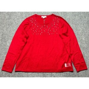 Liz Claiborne Sweater Womens XL Cabaret Red Beaded Round Neck Long Sleeve New